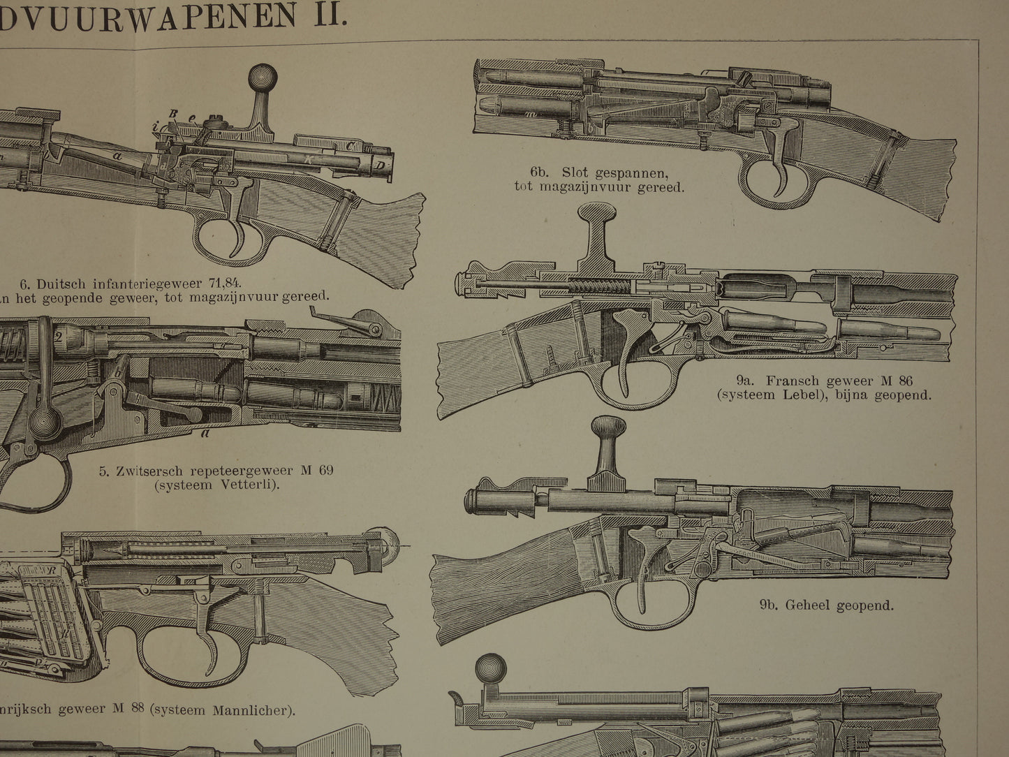 Oude prent van Geweren uit 1908 - Antieke illustratie Wapens Geweer - Mauser Lebel Vetterli