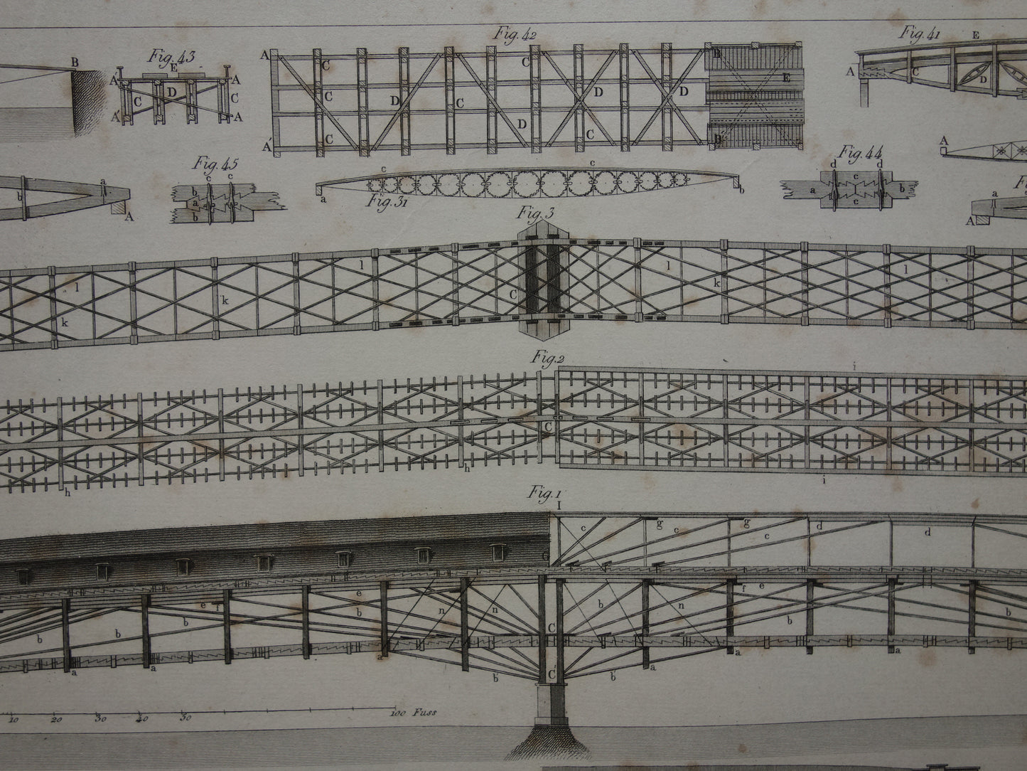 BRUGGEN Oude architectuur prent 1849 antieke print houten brug bouwkunde bruggenbouw vintage prints