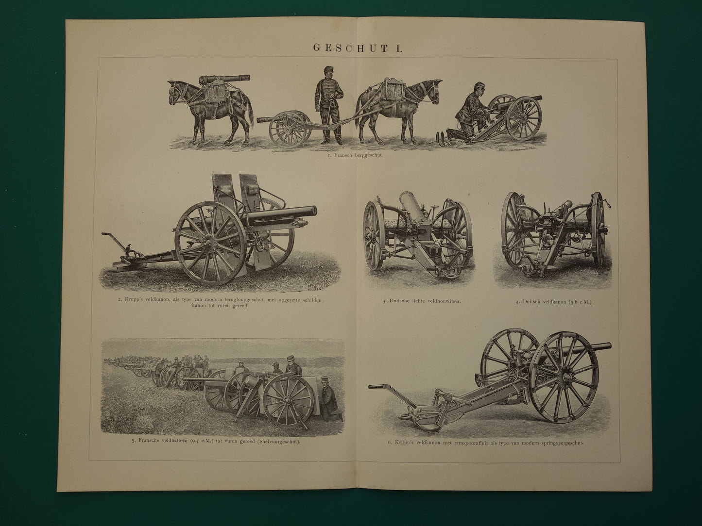 Set of antique prints of artillery guns 1908 original old illustration cannon - vintage Dutch militaria prints