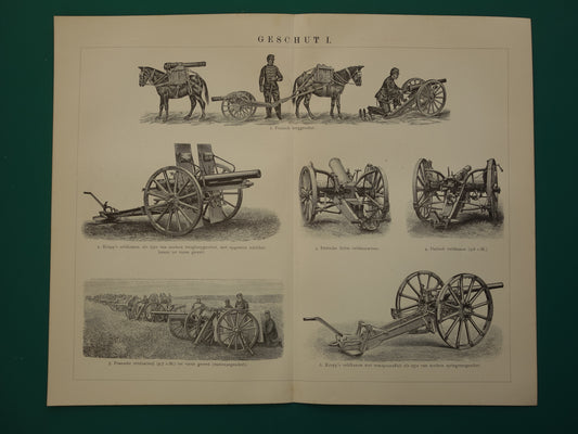 Set van antieke prenten van artillerie geschut 1908 originele oude illustratie kanon - vintage Nederlandse militaria prints