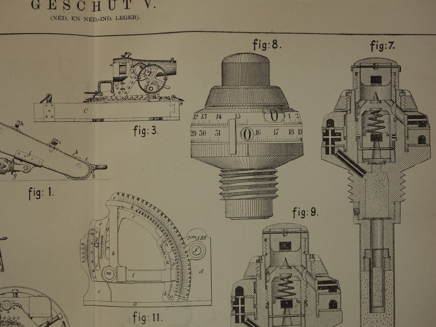 Set of antique prints of artillery guns 1908 original old illustration cannon - vintage Dutch militaria prints