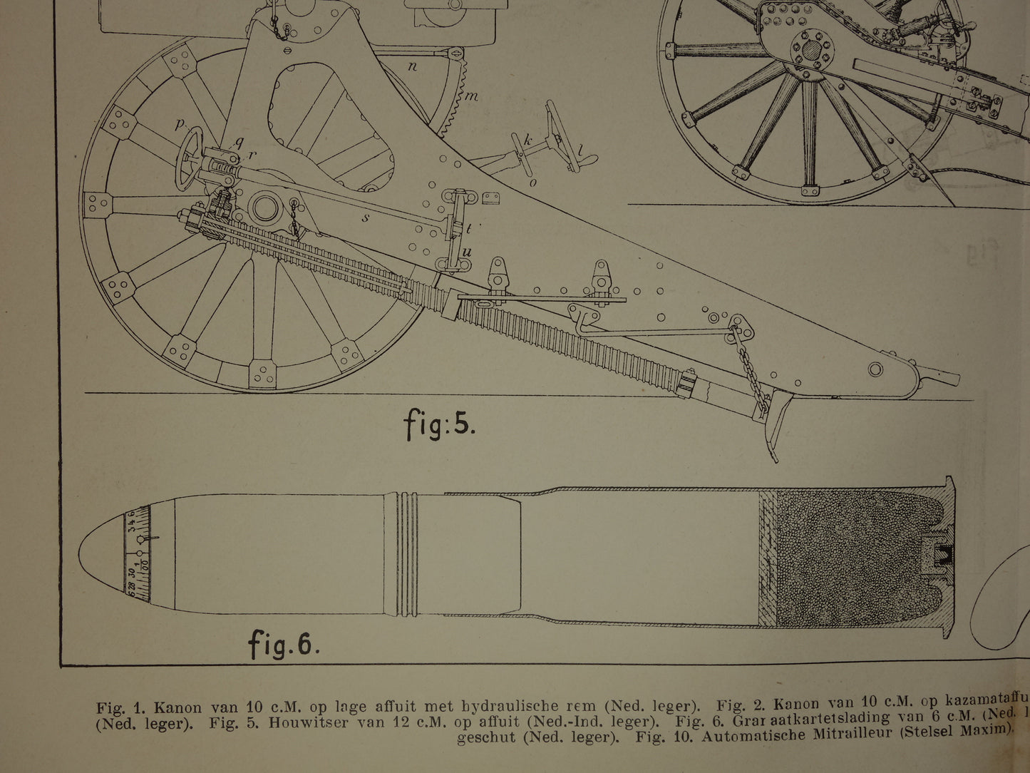 Set of antique prints of artillery guns 1908 original old illustration cannon - vintage Dutch militaria prints