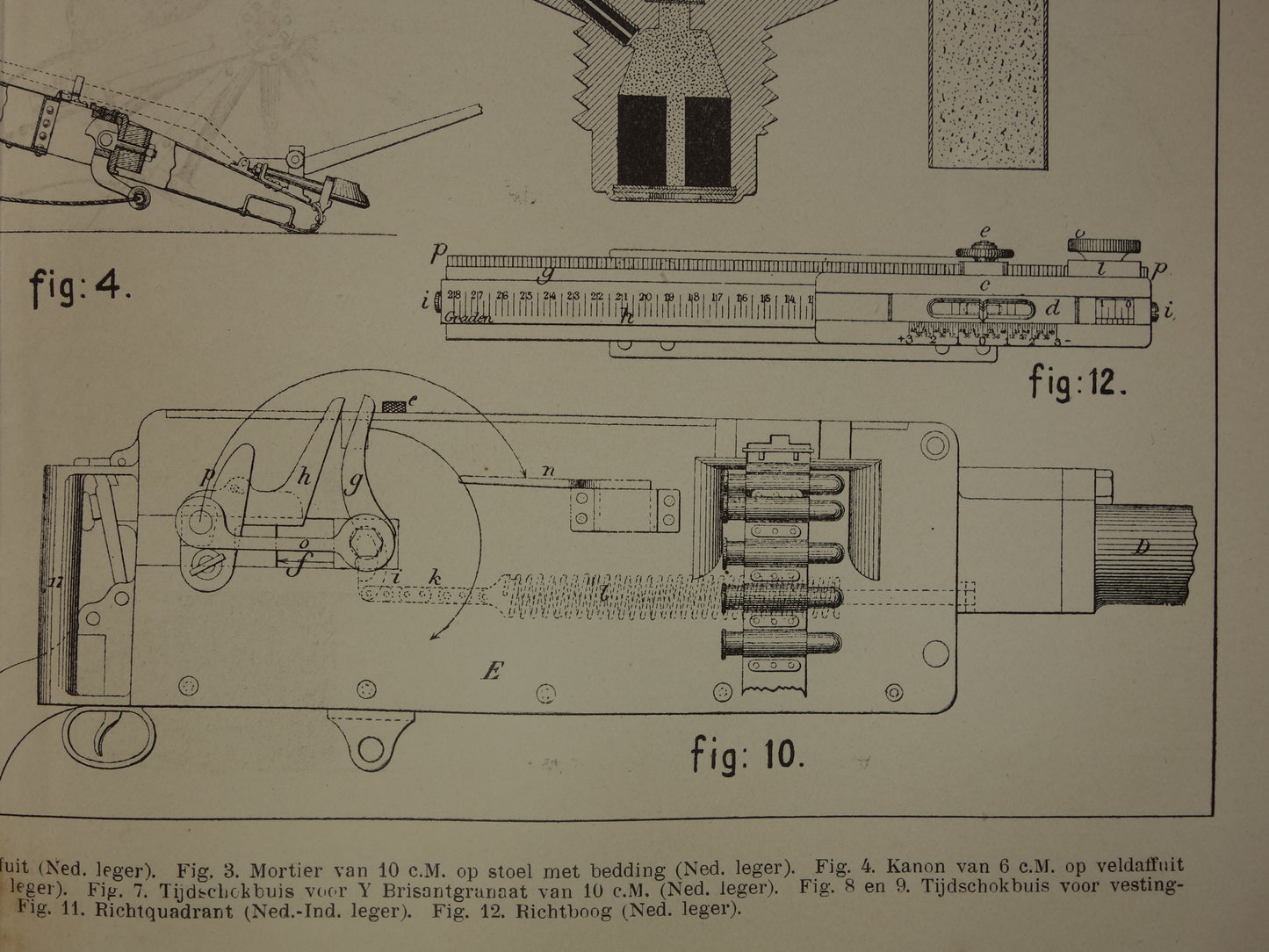 Set of antique prints of artillery guns 1908 original old illustration cannon - vintage Dutch militaria prints