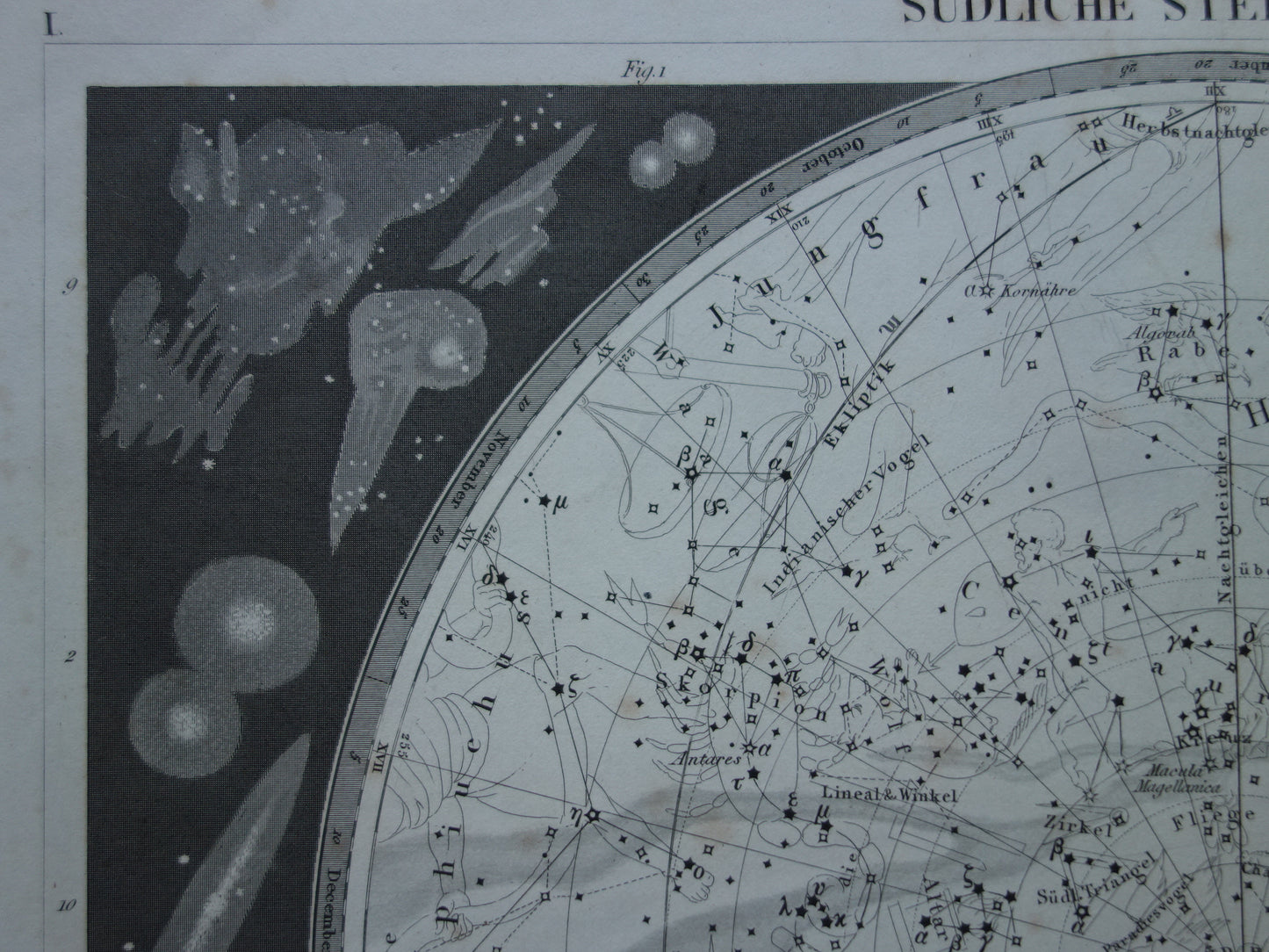 Antieke astronomie prent van de zuidelijke sterrenhemel 1849 originele oude print sterren en sterrenbeelden hemel