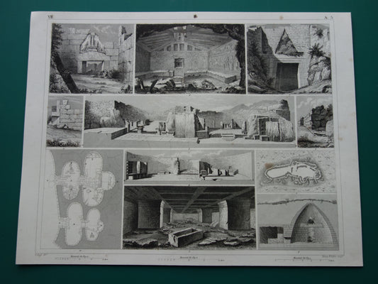 Oude architectuur prent over megalithische bouwwerken Originele antieke illustratie megalieten menhir Carnac Silbury Hill vintage print