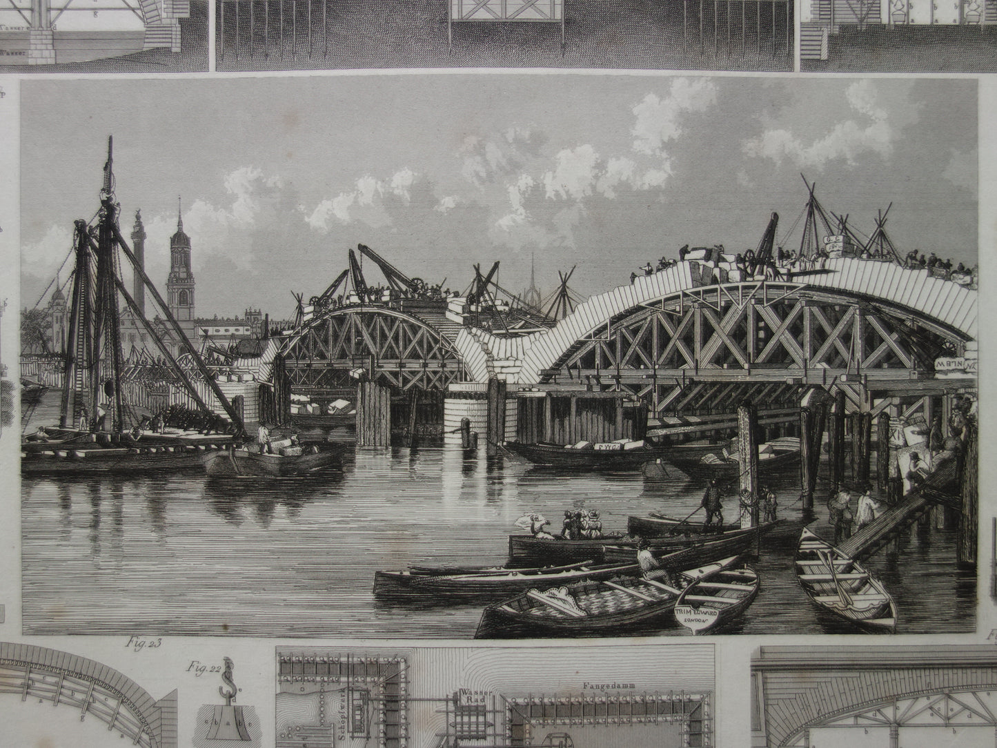 Oude technologie prent over bouw van bruggen antieke architectuur print brug bouwkunde bruggenbouw vintage prints