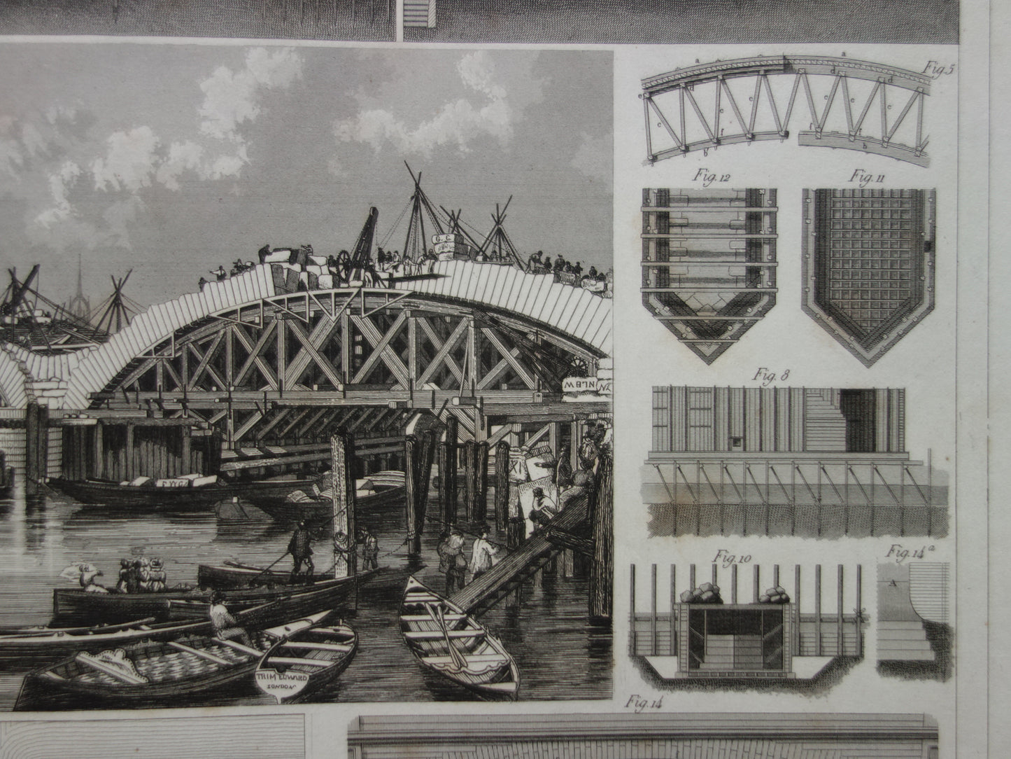 Oude technologie prent over bouw van bruggen antieke architectuur print brug bouwkunde bruggenbouw vintage prints