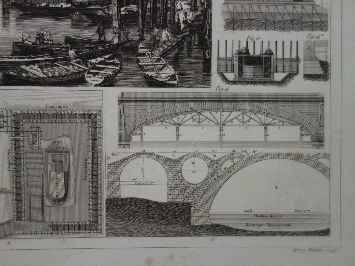 Oude technologie prent over bouw van bruggen antieke architectuur print brug bouwkunde bruggenbouw vintage prints