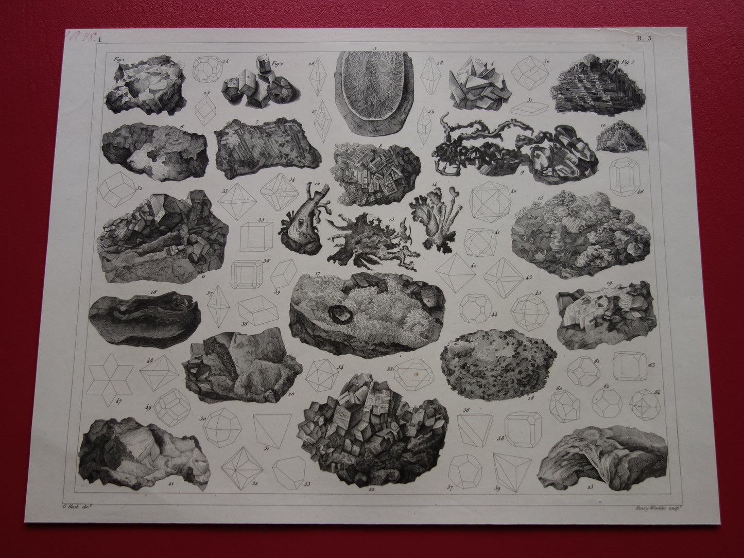 Oude prent over edelstenen en mineralen uit 1849 originele antieke print kristallen kristalstructuren edelsteen vormen vintage illustratie