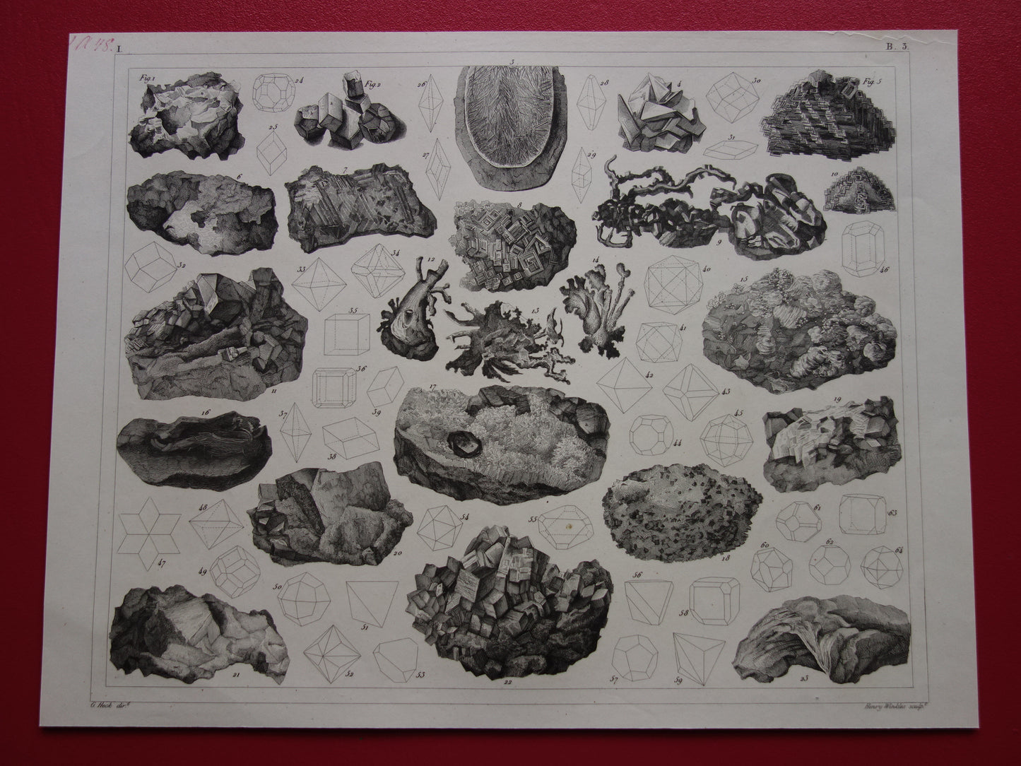 Oude prent over edelstenen en mineralen uit 1849 originele antieke print kristallen kristalstructuren edelsteen vormen vintage illustratie