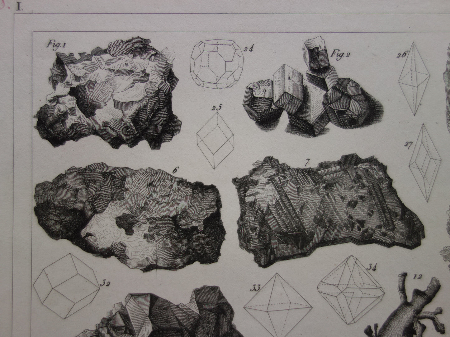 Oude prent over edelstenen en mineralen uit 1849 originele antieke print kristallen kristalstructuren edelsteen vormen vintage illustratie