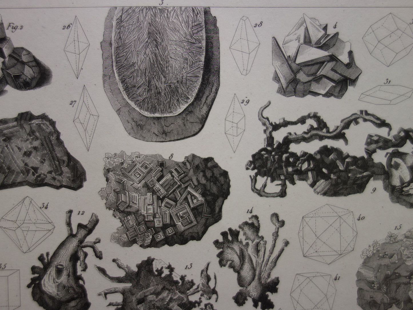 Oude prent over edelstenen en mineralen uit 1849 originele antieke print kristallen kristalstructuren edelsteen vormen vintage illustratie