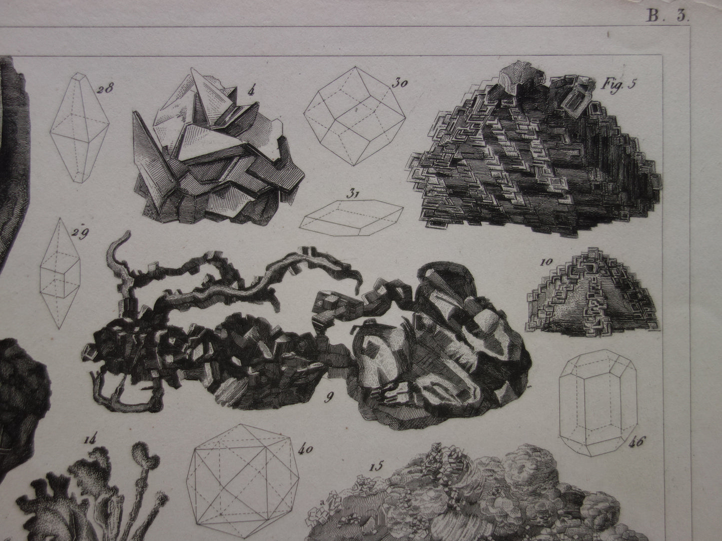 Oude prent over edelstenen en mineralen uit 1849 originele antieke print kristallen kristalstructuren edelsteen vormen vintage illustratie