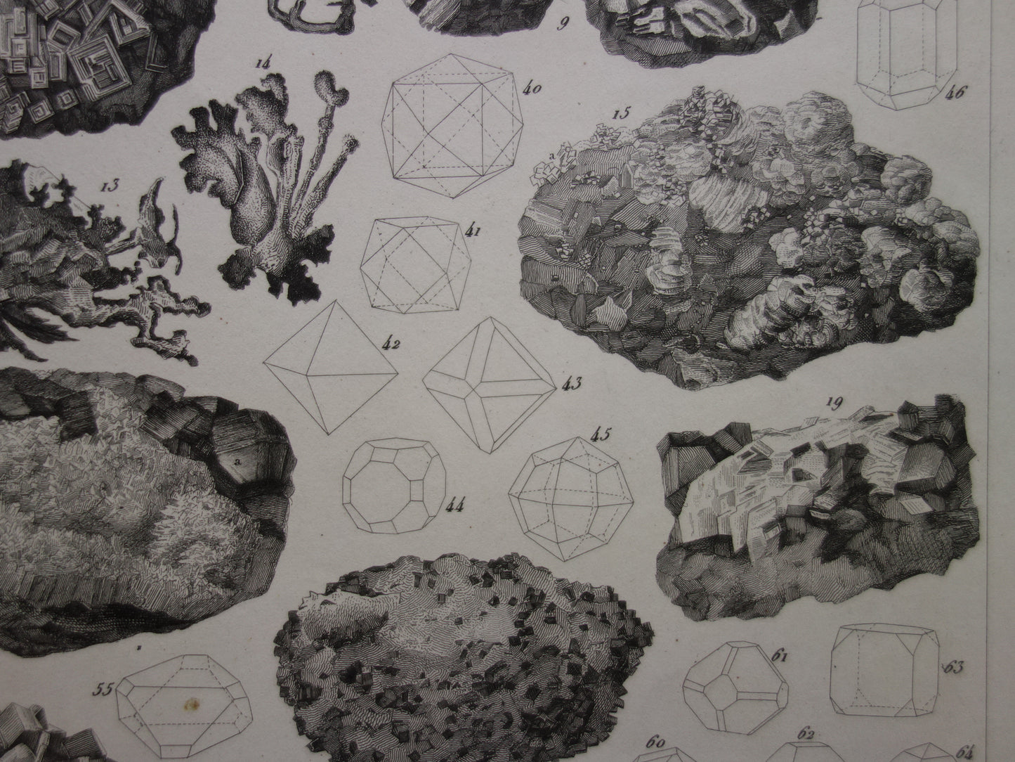 Oude prent over edelstenen en mineralen uit 1849 originele antieke print kristallen kristalstructuren edelsteen vormen vintage illustratie