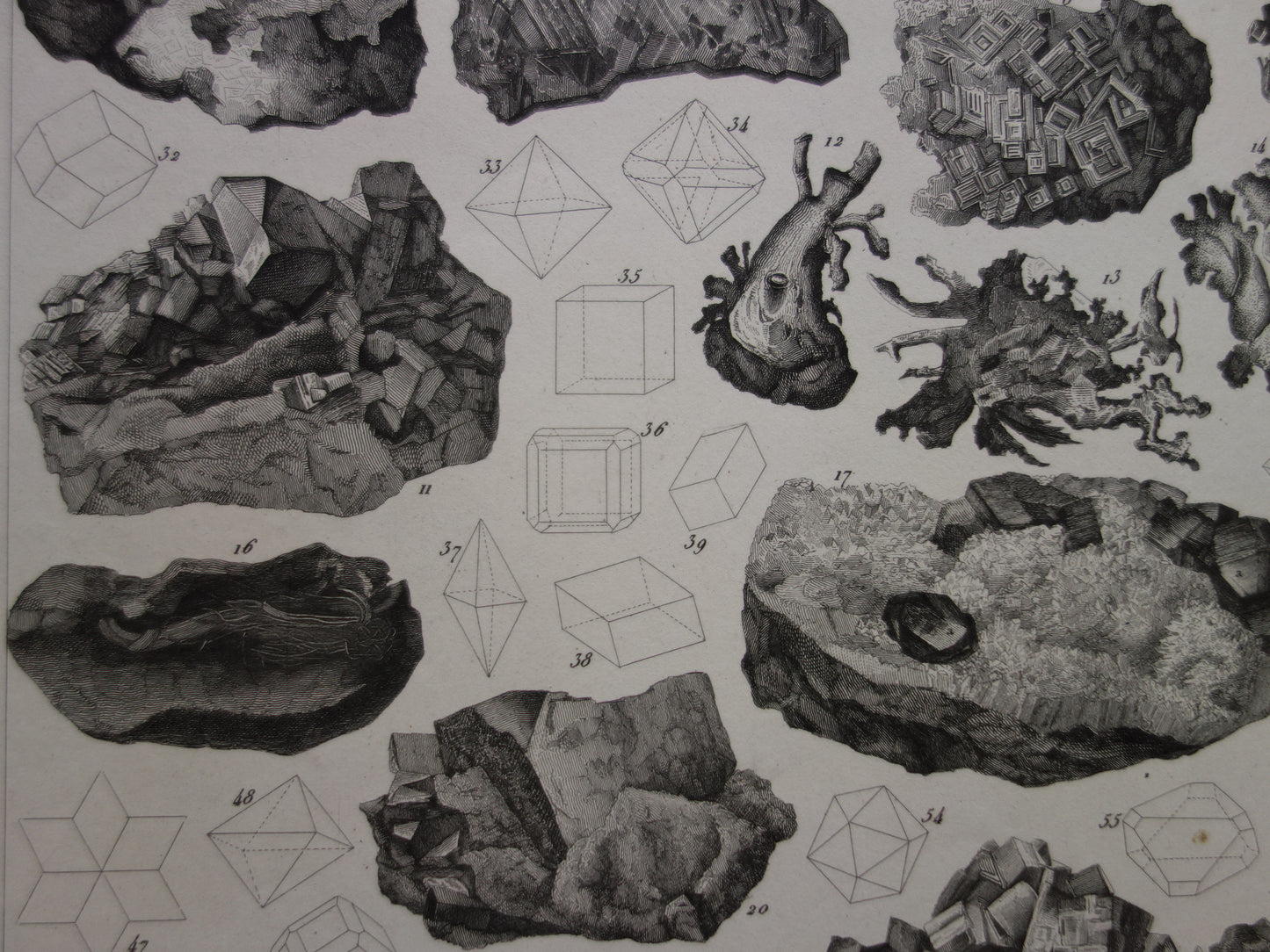 Oude prent over edelstenen en mineralen uit 1849 originele antieke print kristallen kristalstructuren edelsteen vormen vintage illustratie