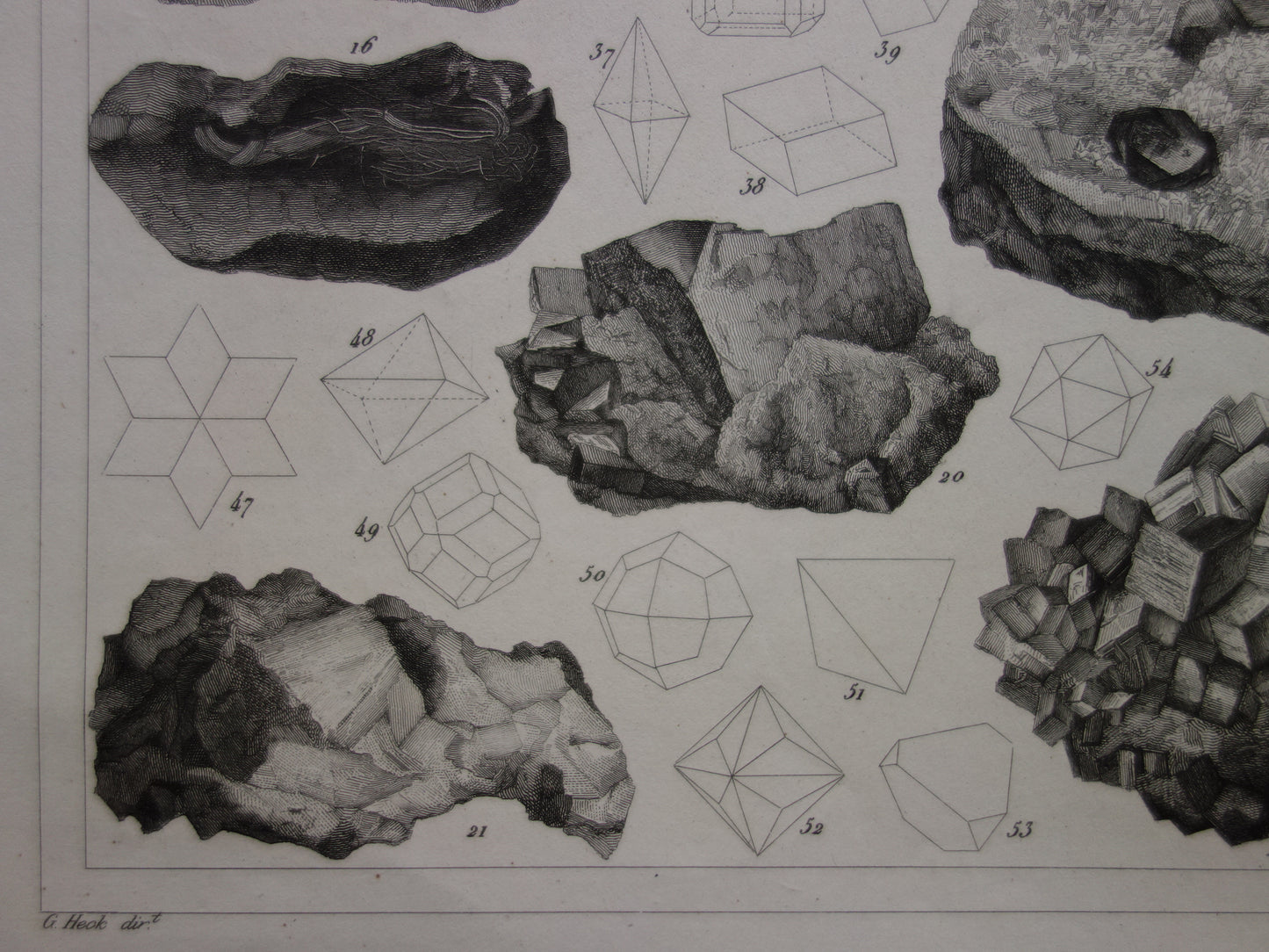 Oude prent over edelstenen en mineralen uit 1849 originele antieke print kristallen kristalstructuren edelsteen vormen vintage illustratie