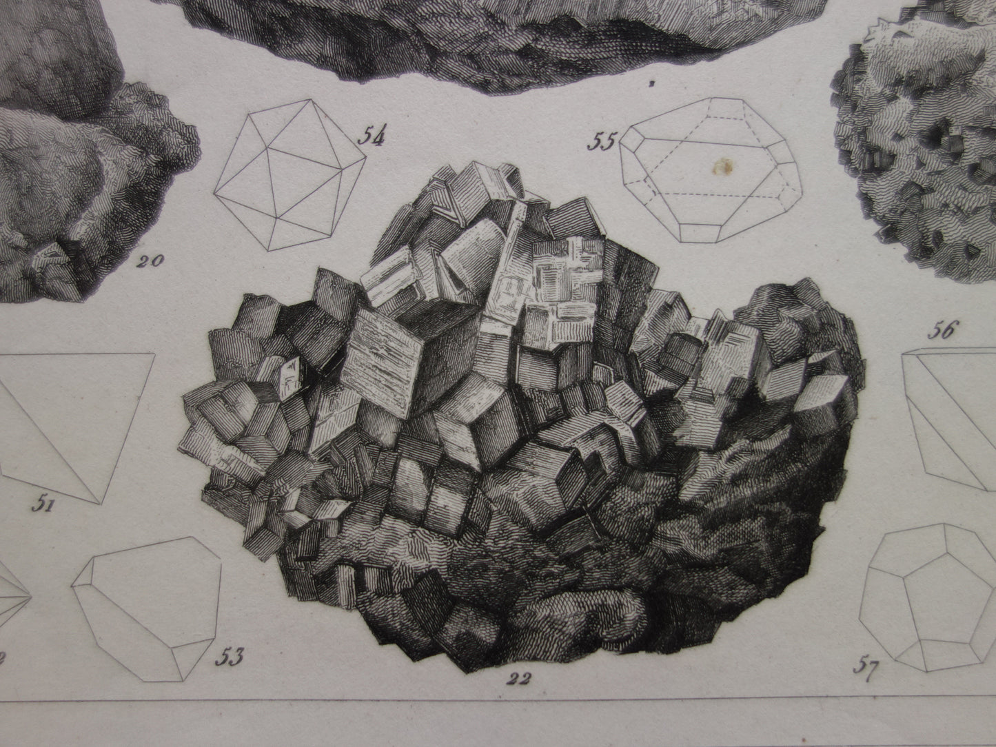 Oude prent over edelstenen en mineralen uit 1849 originele antieke print kristallen kristalstructuren edelsteen vormen vintage illustratie