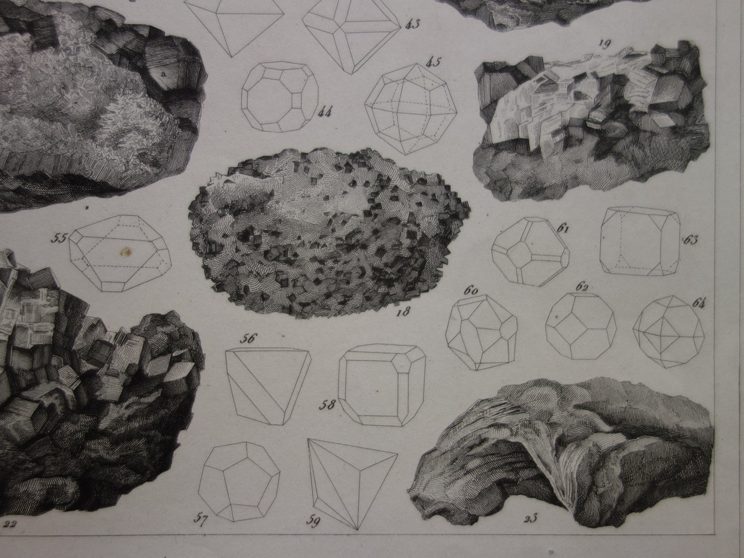 Oude prent over edelstenen en mineralen uit 1849 originele antieke print kristallen kristalstructuren edelsteen vormen vintage illustratie