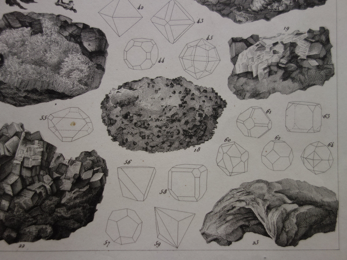 Oude prent over edelstenen en mineralen uit 1849 originele antieke print kristallen kristalstructuren edelsteen vormen vintage illustratie