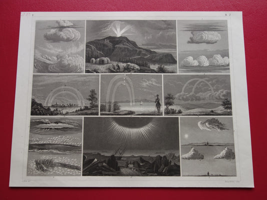 Oude prent over Regenbogen Wolken Natuurverschijnselen uit 1849 - Originele antieke meteorologie illustratie - Vintage prints wolk vormen