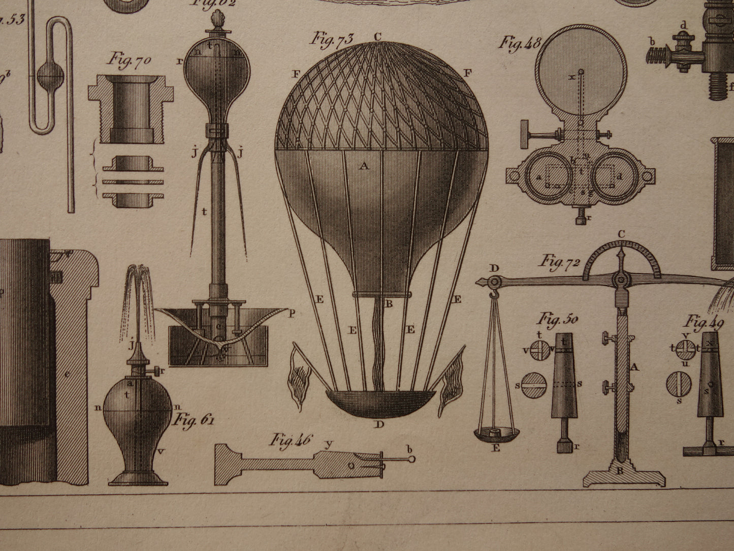 Oude prent Hydrostatica Natuurkunde wetenschappelijke experimenten antieke wetenschap print over barometer manometer luchtballon print