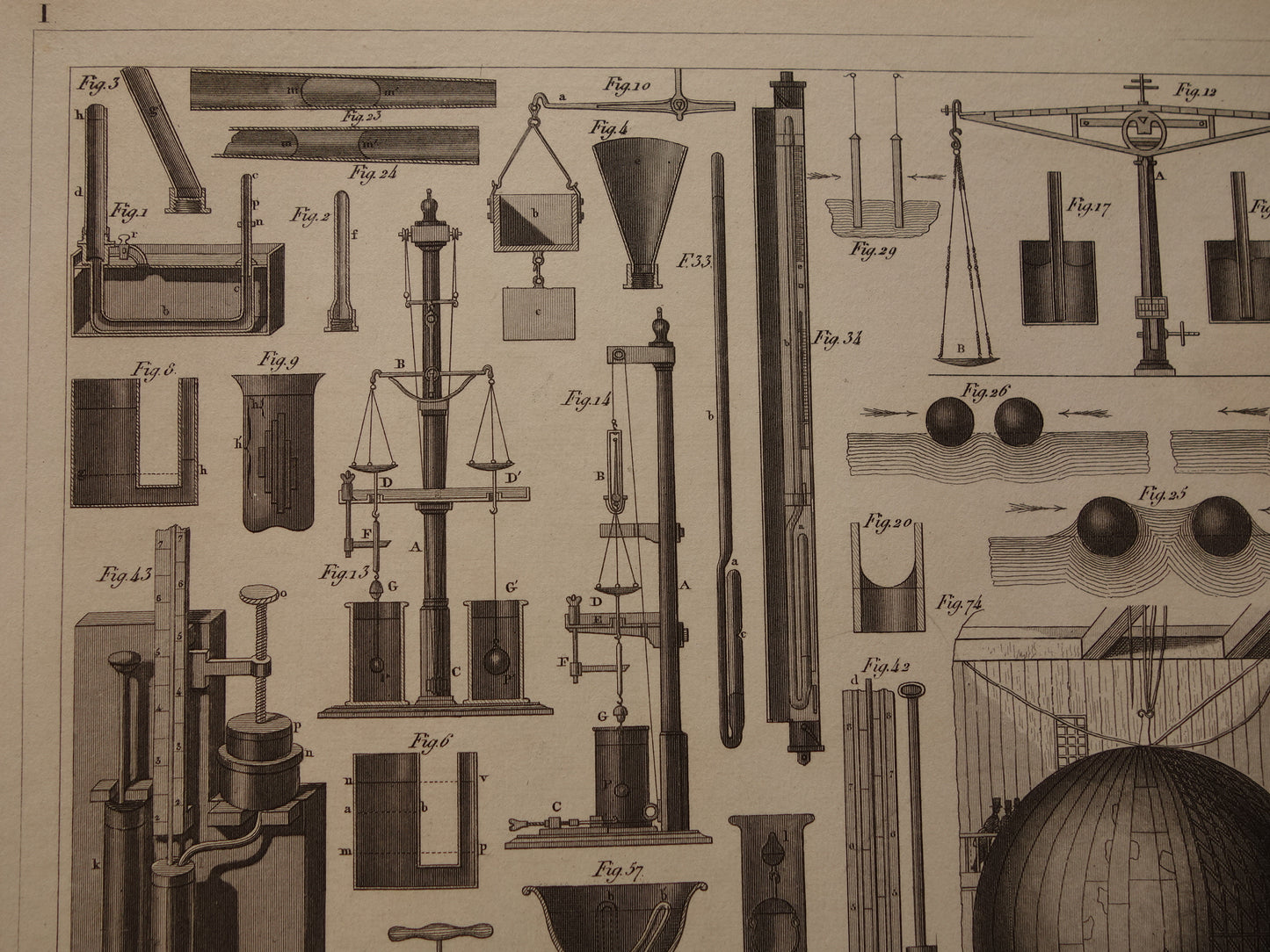 Oude prent Hydrostatica Natuurkunde wetenschappelijke experimenten antieke wetenschap print over barometer manometer luchtballon print