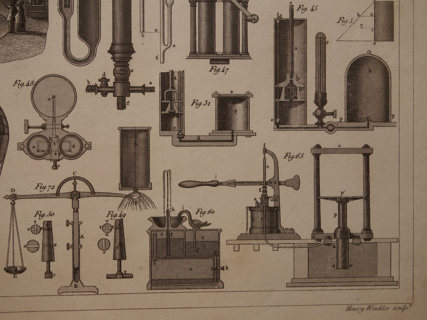 Oude prent Hydrostatica Natuurkunde wetenschappelijke experimenten antieke wetenschap print over barometer manometer luchtballon print