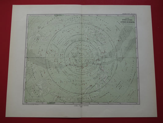 Oude astronomie prent van de zuidelijke sterrenhemel 1878 originele oude print sterren en sterrenbeelden - sterrenkaart zuidelijk halfrond