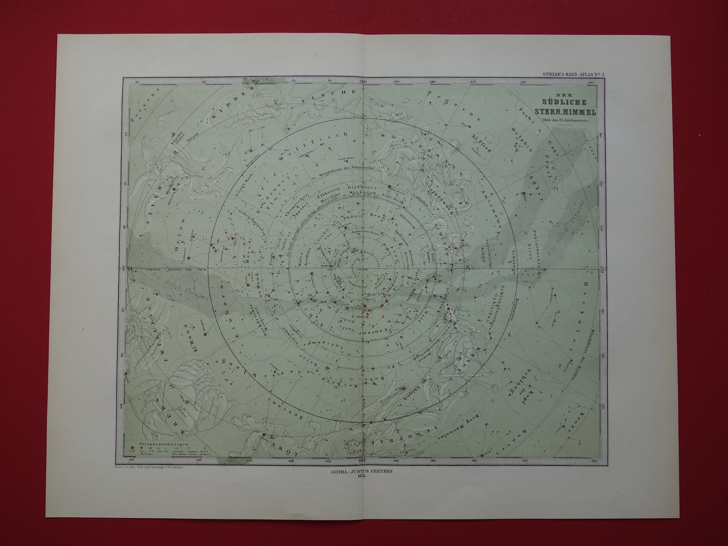 Oude astronomie prent van de zuidelijke sterrenhemel 1878 originele oude print sterren en sterrenbeelden - sterrenkaart zuidelijk halfrond