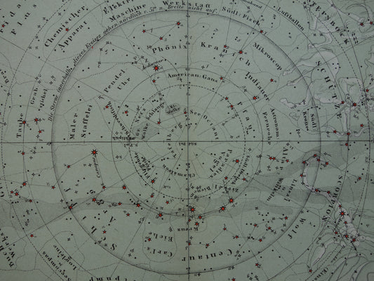 Oude astronomie prent van de zuidelijke sterrenhemel 1878 originele oude print sterren en sterrenbeelden - sterrenkaart zuidelijk halfrond