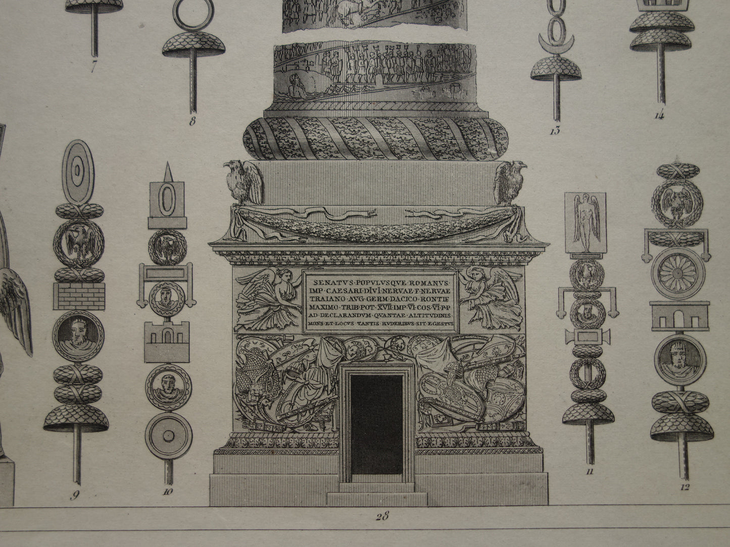 Romeinse leger oude prent met vaandels vlaggen adelaars kronen - originele antieke illustratie zuil van Trajanus - vintage militaria prenten