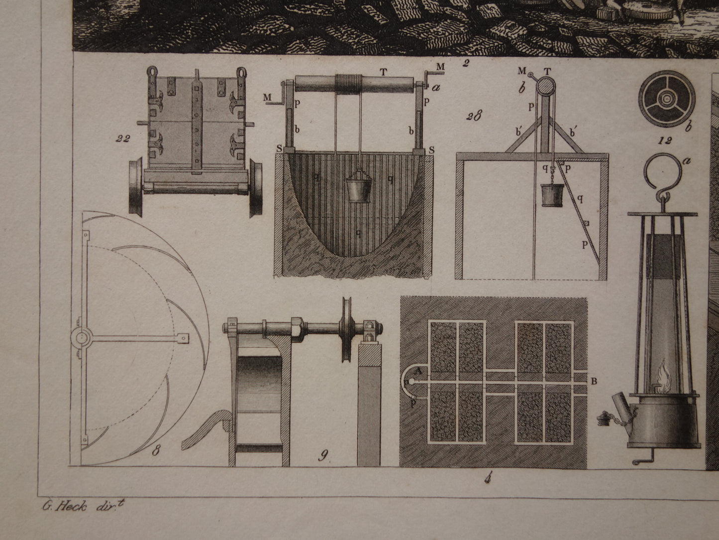 MIJNBOUW Oude antieke technologie prent over Mijnen Originele oude print Mijn Mijnwerker Mijnschacht Gereedschap Vintage prints