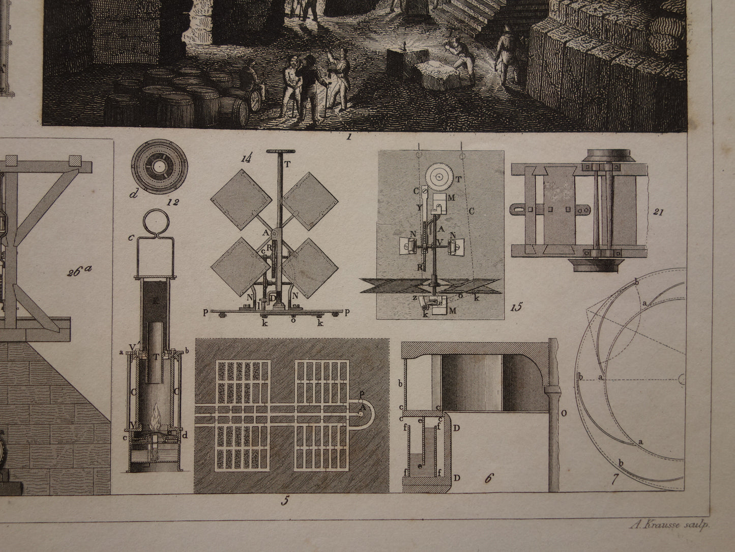 MIJNBOUW Oude antieke technologie prent over Mijnen Originele oude print Mijn Mijnwerker Mijnschacht Gereedschap Vintage prints