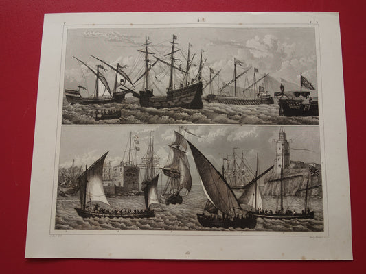 Oude zeilschepen gravure originele antieke print driemaster maritieme vintage prints schepen schip illustratie