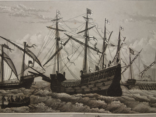 Oude zeilschepen gravure originele antieke print driemaster maritieme vintage prints schepen schip illustratie