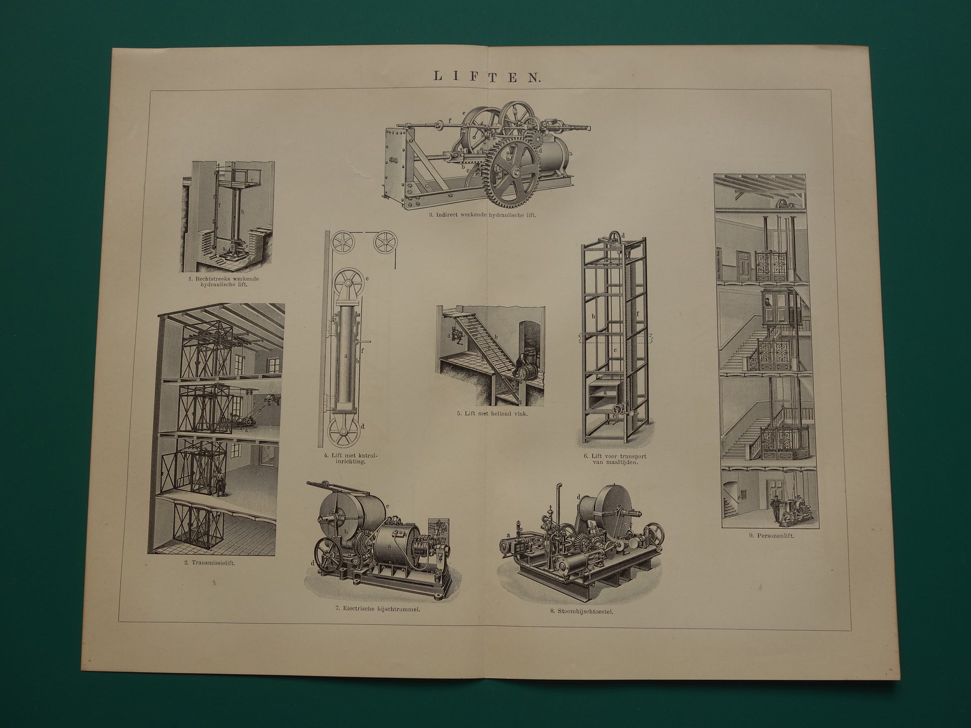 LIFTEN oude technologie prent uit het jaar 1909 over de Lift originele antieke techniek illustratie - vintage prints