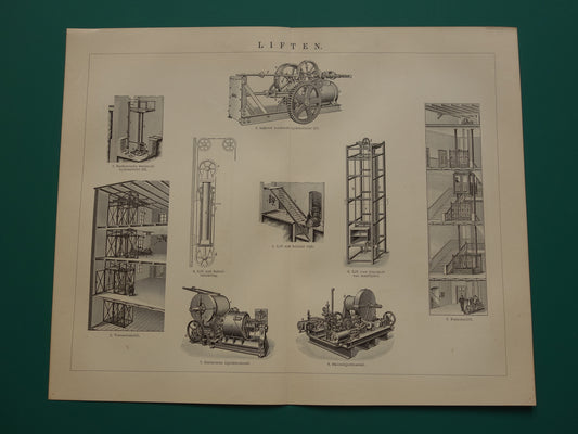 LIFTEN oude technologie prent uit het jaar 1909 over de Lift originele antieke techniek illustratie - vintage prints