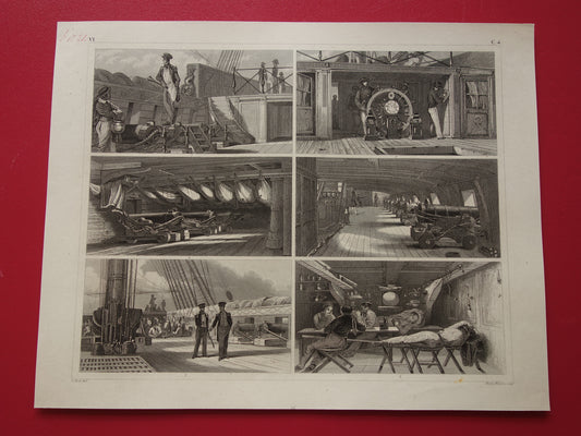 Oude prent scheepvaart uit 1849 - antieke illustratie dagelijks leven oorlogsschip - maritieme print schip schepen