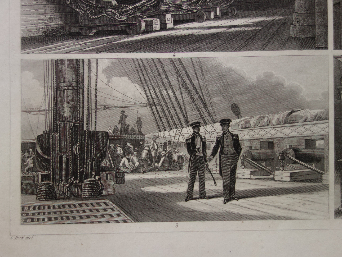 Oude prent scheepvaart uit 1849 - antieke illustratie dagelijks leven oorlogsschip - maritieme print schip schepen