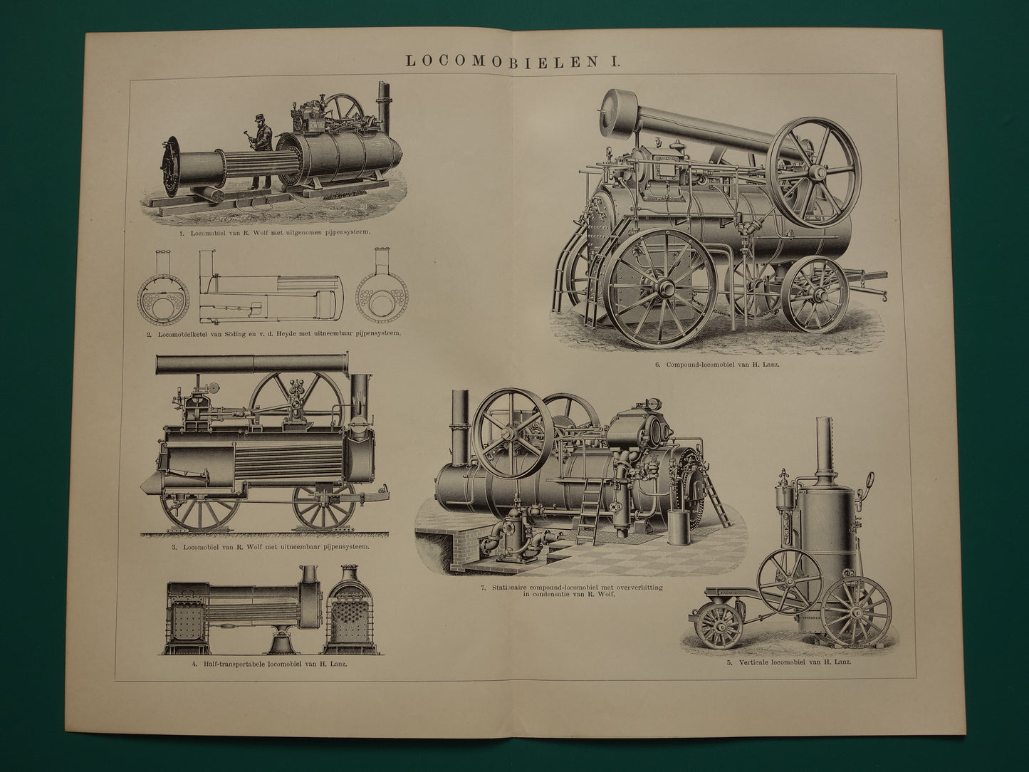 TRACTIEMACHINE oude technologie prent uit het jaar 1909 over de mobiele stoommachine originele antieke techniek illustratie - vintage prints locomobiel