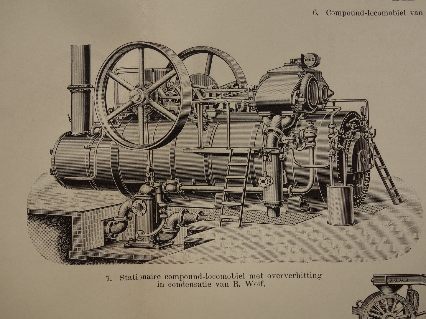 TRACTIEMACHINE oude technologie prent uit het jaar 1909 over de mobiele stoommachine originele antieke techniek illustratie - vintage prints locomobiel