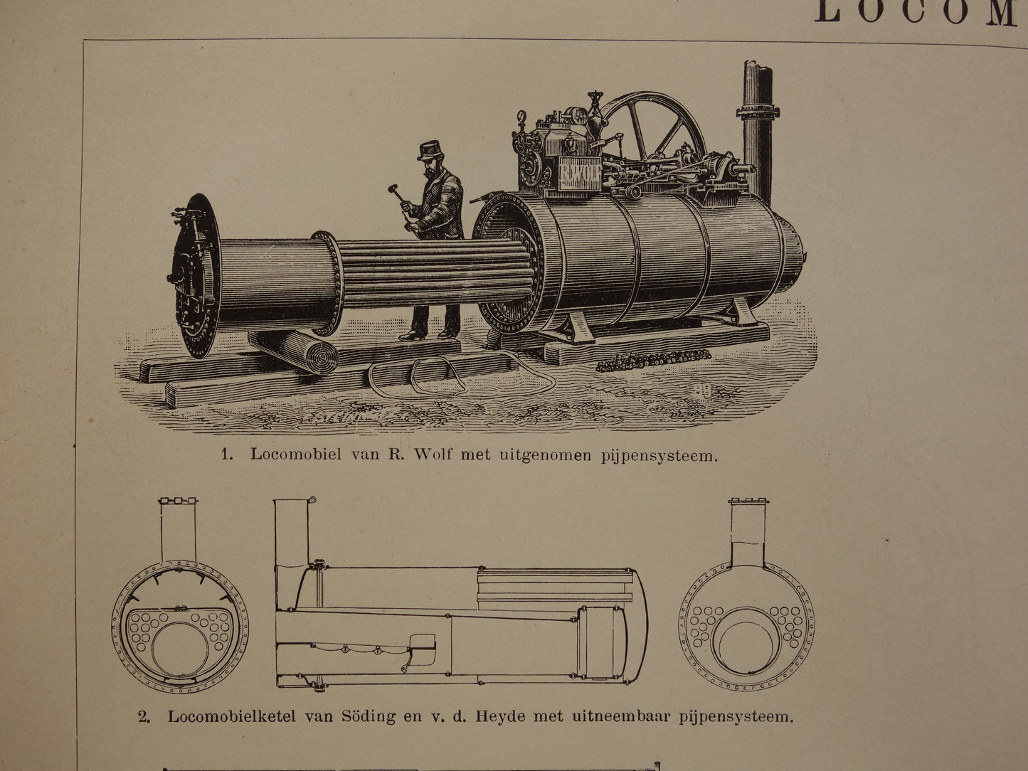 TRACTIEMACHINE oude technologie prent uit het jaar 1909 over de mobiele stoommachine originele antieke techniek illustratie - vintage prints locomobiel