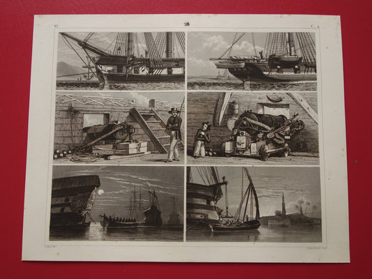 SCHEPEN oude prent van fregat Antieke maritieme illustratie over boeg scheepskanon kanon haven marine vintage scheepvaart prints