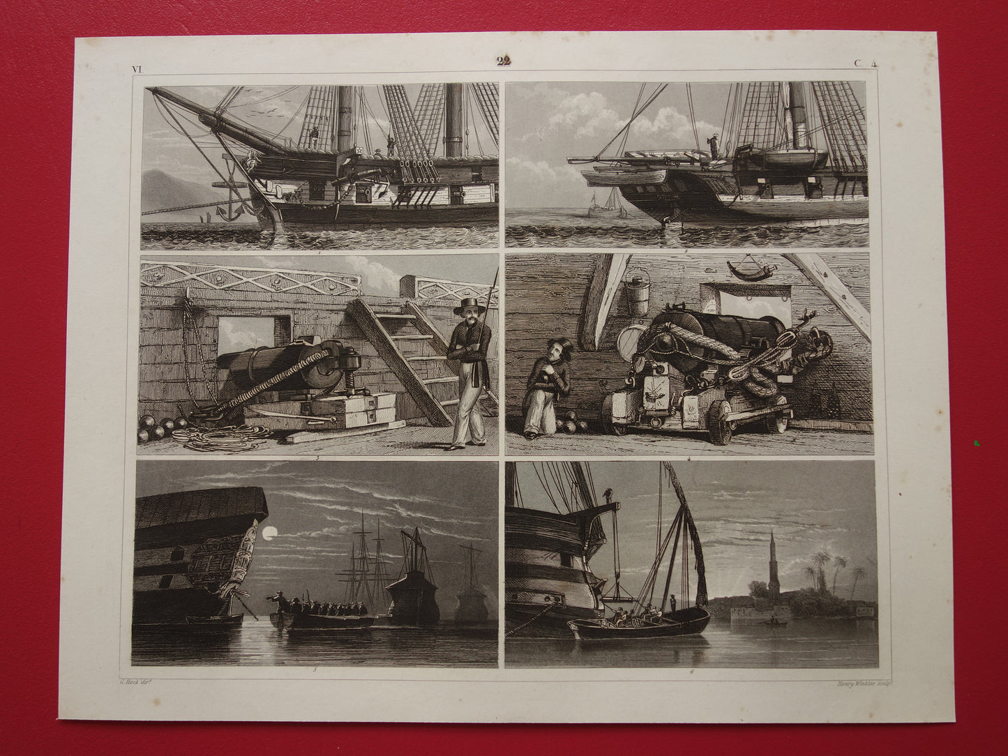 SCHEPEN oude prent van fregat Antieke maritieme illustratie over boeg scheepskanon kanon haven marine vintage scheepvaart prints