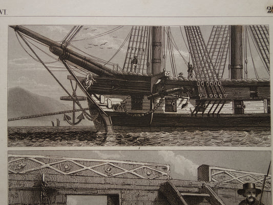 SCHEPEN oude prent van fregat Antieke maritieme illustratie over boeg scheepskanon kanon haven marine vintage scheepvaart prints