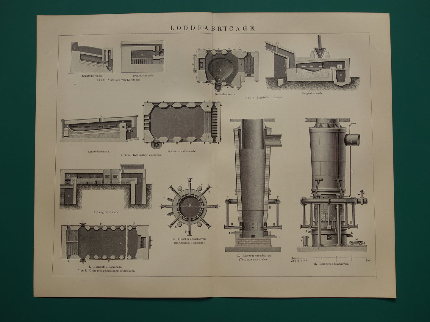 LEAD Manufacturing old technology print from the year 1909 about making lead original antique technique illustration - vintage prints lead ore furnace