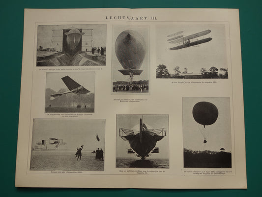 LUCHTVAART antieke illustratie uit het jaar 1909 over Wilbur Wright Ziegler ballon Zeppelon Farman vliegtuig originele oude print