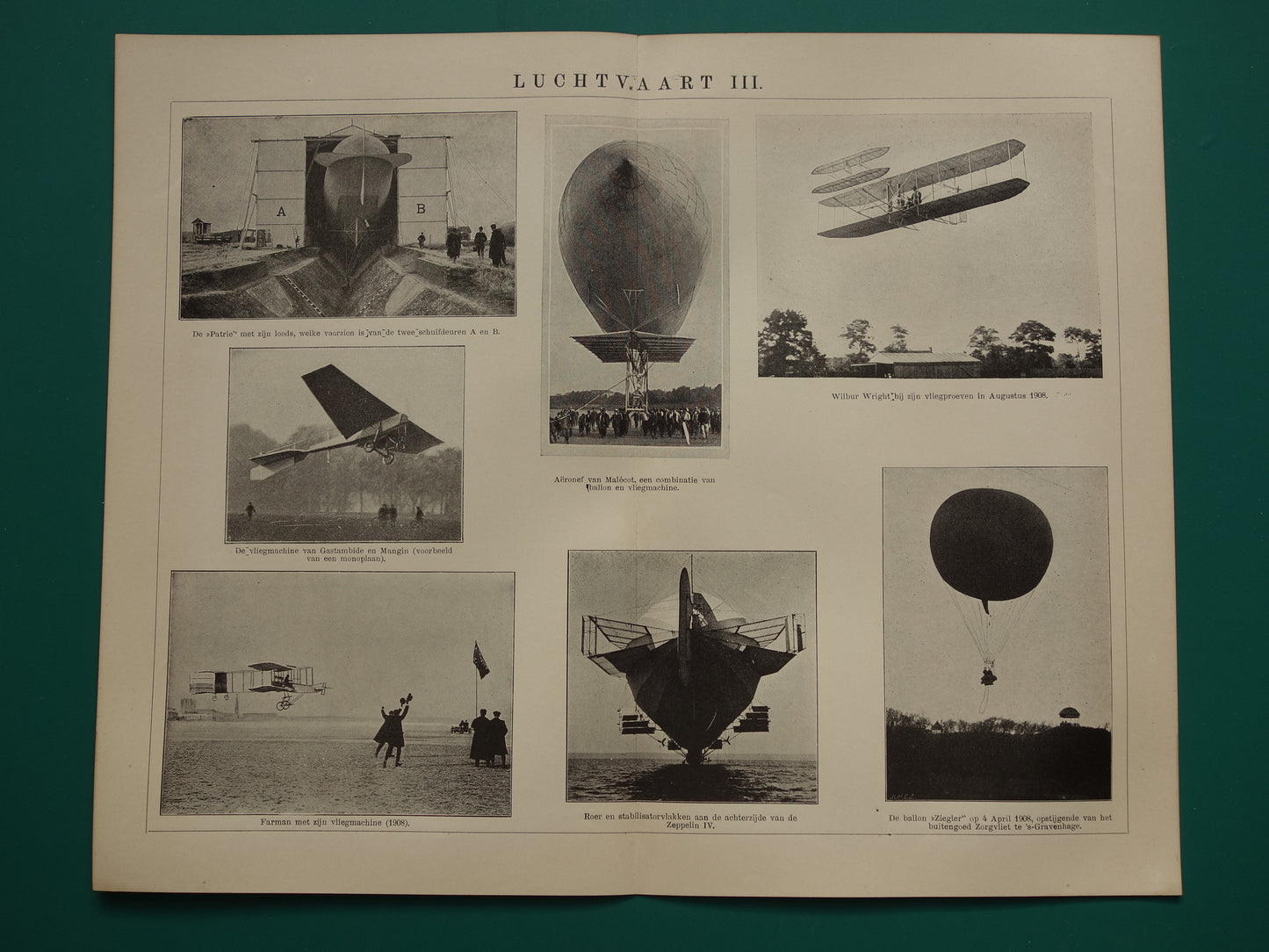 LUCHTVAART antieke illustratie uit het jaar 1909 over Wilbur Wright Ziegler ballon Zeppelin Farman vliegtuig originele oude print