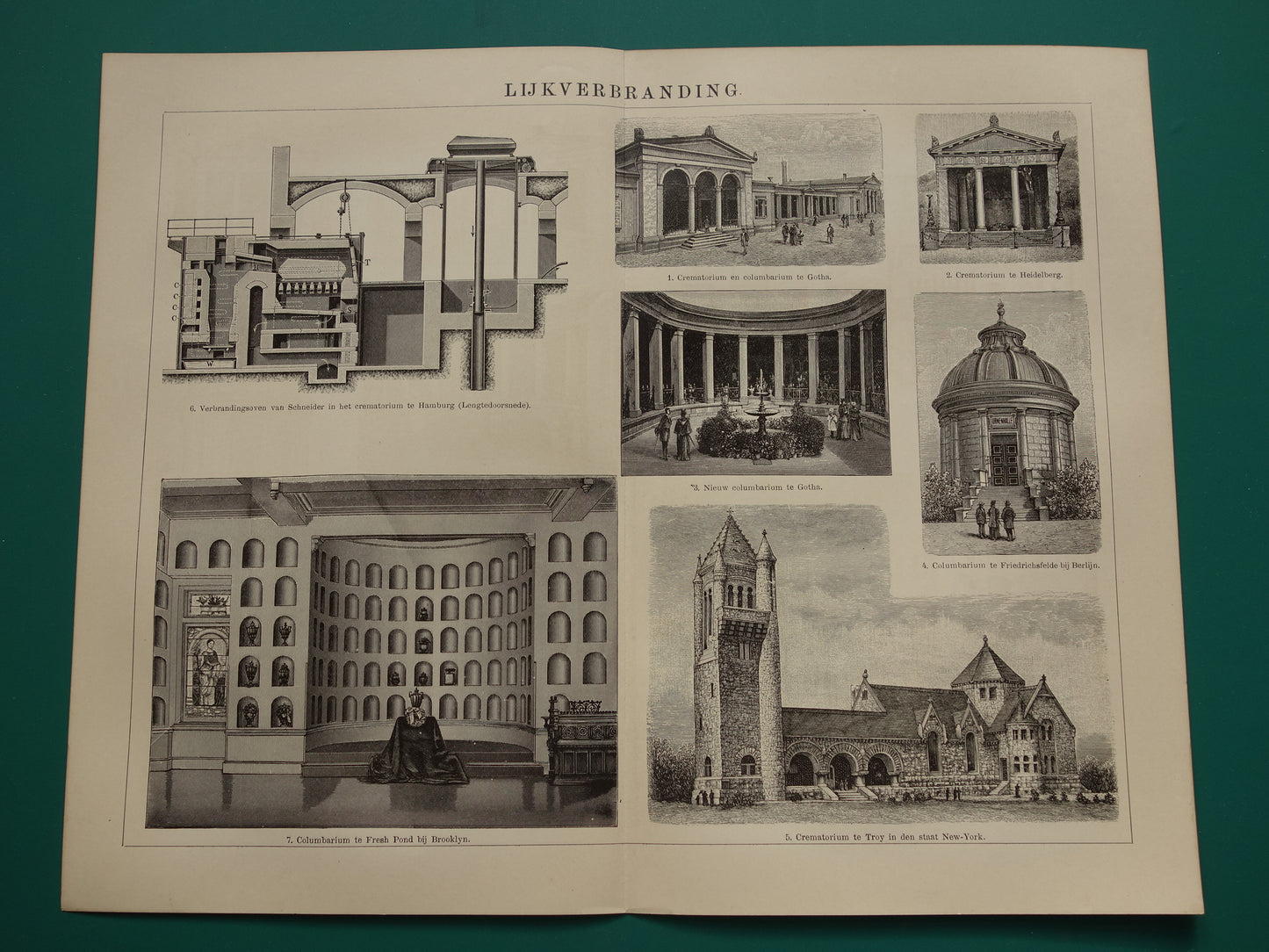 Oude illustratie Crematorium Columbarium - Originele 115+ jaar oude Nederlandse print Lijkverbranding Urnenmuur - vintage zwart-wit prent