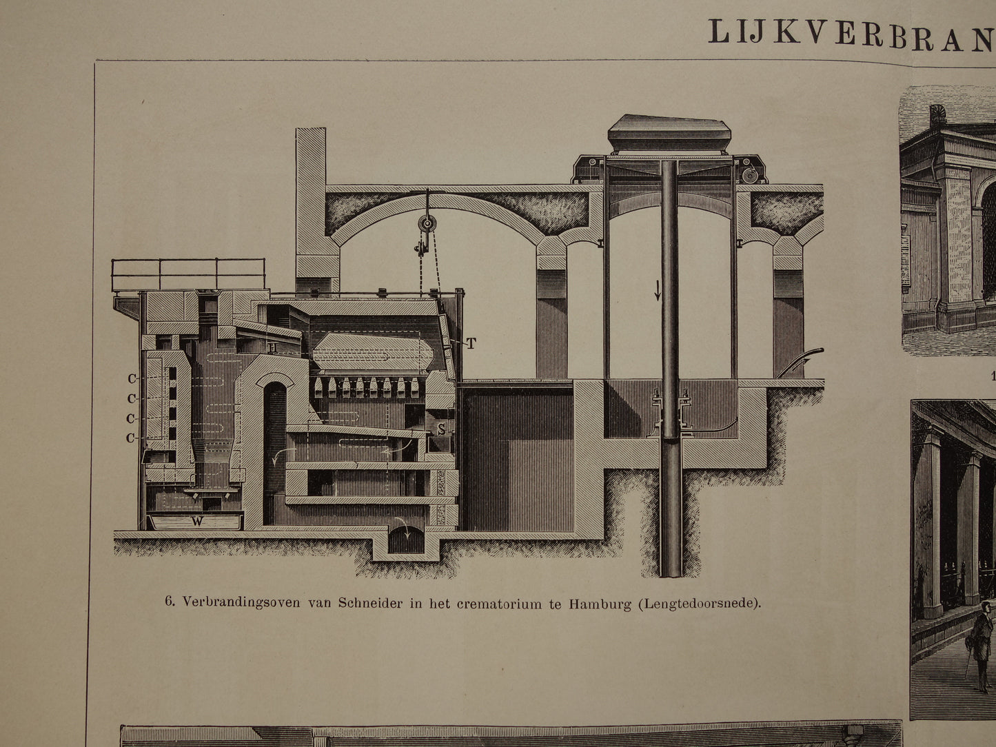 Oude illustratie Crematorium Columbarium  - Originele 115+ jaar oude Nederlandse print Lijkverbranding Urnenmuur - vintage zwart-wit prent